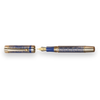 The Regal Fountain Pen by Webson Gill features ornate blue and gold brass filigree. Shown uncapped beside its cap, this luxury pen is a collector’s essential.