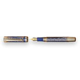 The Regal Fountain Pen by Webson Gill features ornate blue and gold brass filigree. Shown uncapped beside its cap, this luxury pen is a collector’s essential.
