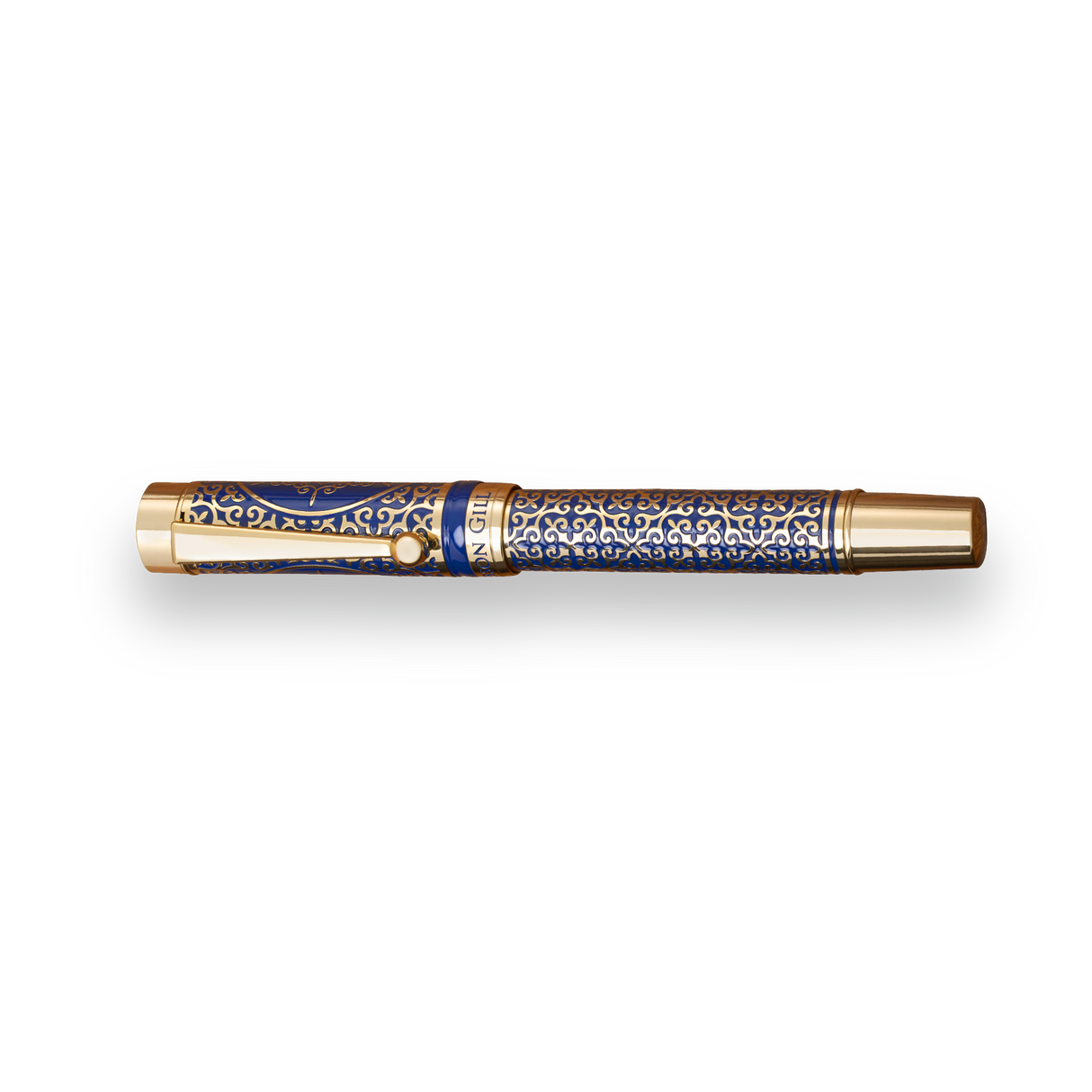 The Regal Fountain Pen by Webson Gill features a gold and blue design, gold brass filigree, and intricate patterns on the barrel and cap—an exquisite choice for fountain pen collectors.