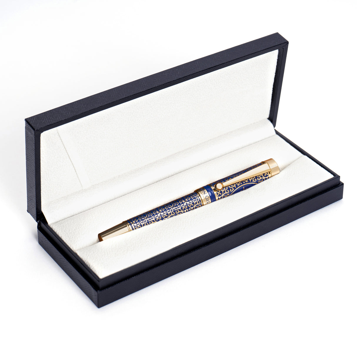 The Regal Fountain Pen by Webson Gill features gold brass filigree and comes in a black and white presentation box—an elegant pick for collectors.