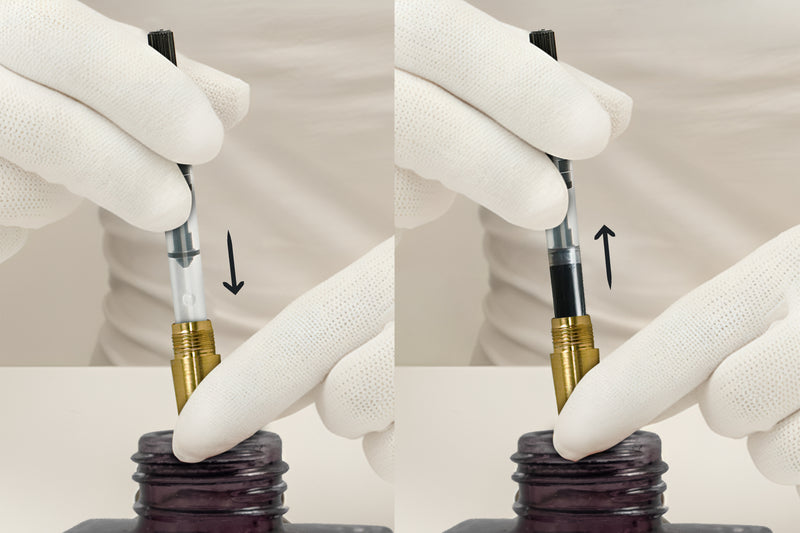 Gloved hands filling a fountain pen converter with ink, showing before and after steps with arrows.