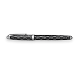 The WG ‘The Weaver’ Everyday Fountain Pen features a black and silver lattice barrel with wavy silver lines, a stainless steel medium nib, and a silver clip for smooth writing. Displayed on a white background.