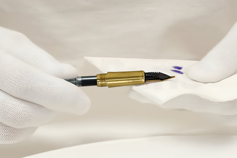 Gloved hands holding a fountain pen nib and blotting ink on a white paper towel.